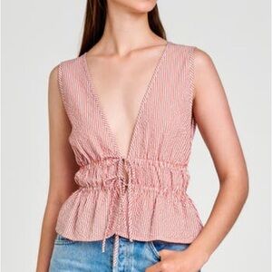 Wayf Nadine Deep V-Neck Sleeveless Top in Amber Seersucker NWT